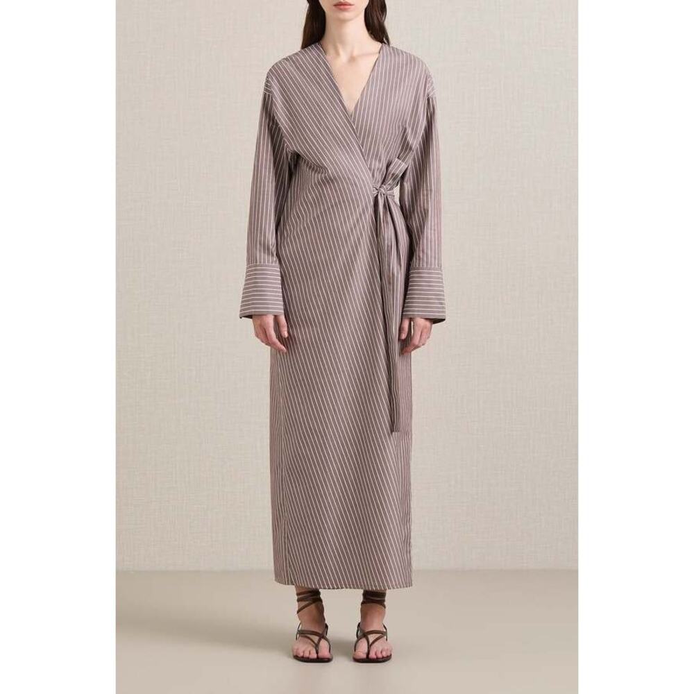 A.Emery Huxem Wrap Midi Dress in Mocha Stripe AU 10 US 6